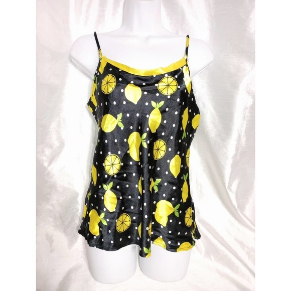 LEMON fruit satin tank top camisole summer BLOUSE black yellow polka dots - Picture 2 of 5